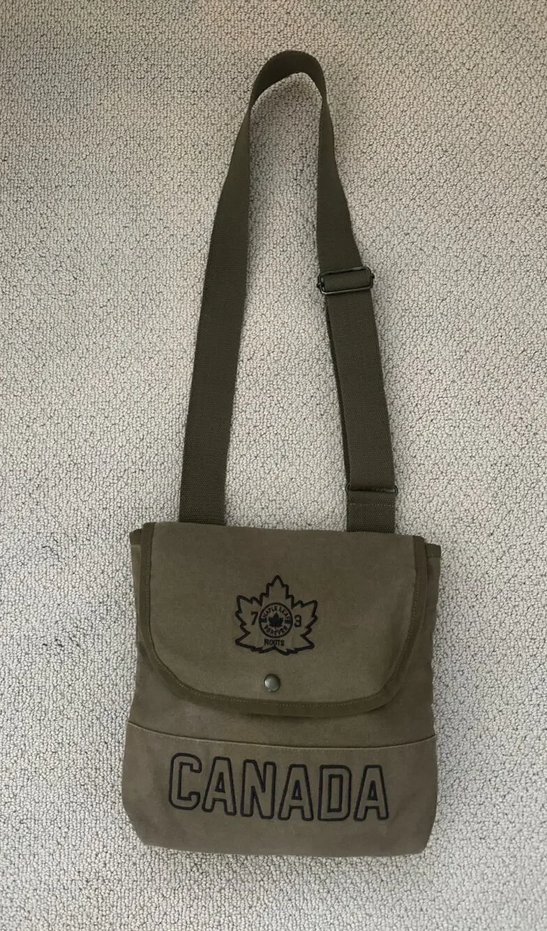 Roots Canada Brown Canvas Crossbody Shoulder Bag Maple Leaf Logo Flap Casual